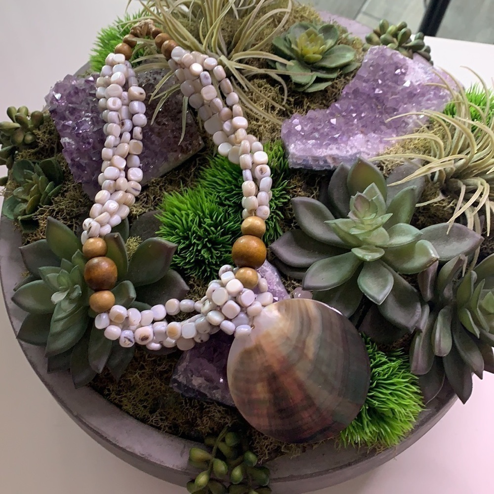 Abalone shell pendant Natural elements beaded necklace multi layer